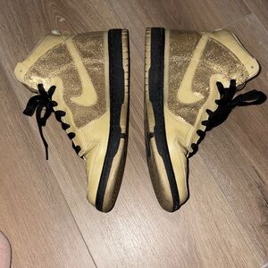 Nike Dunk High gold glitter basketball shoes, size 8 1/2.